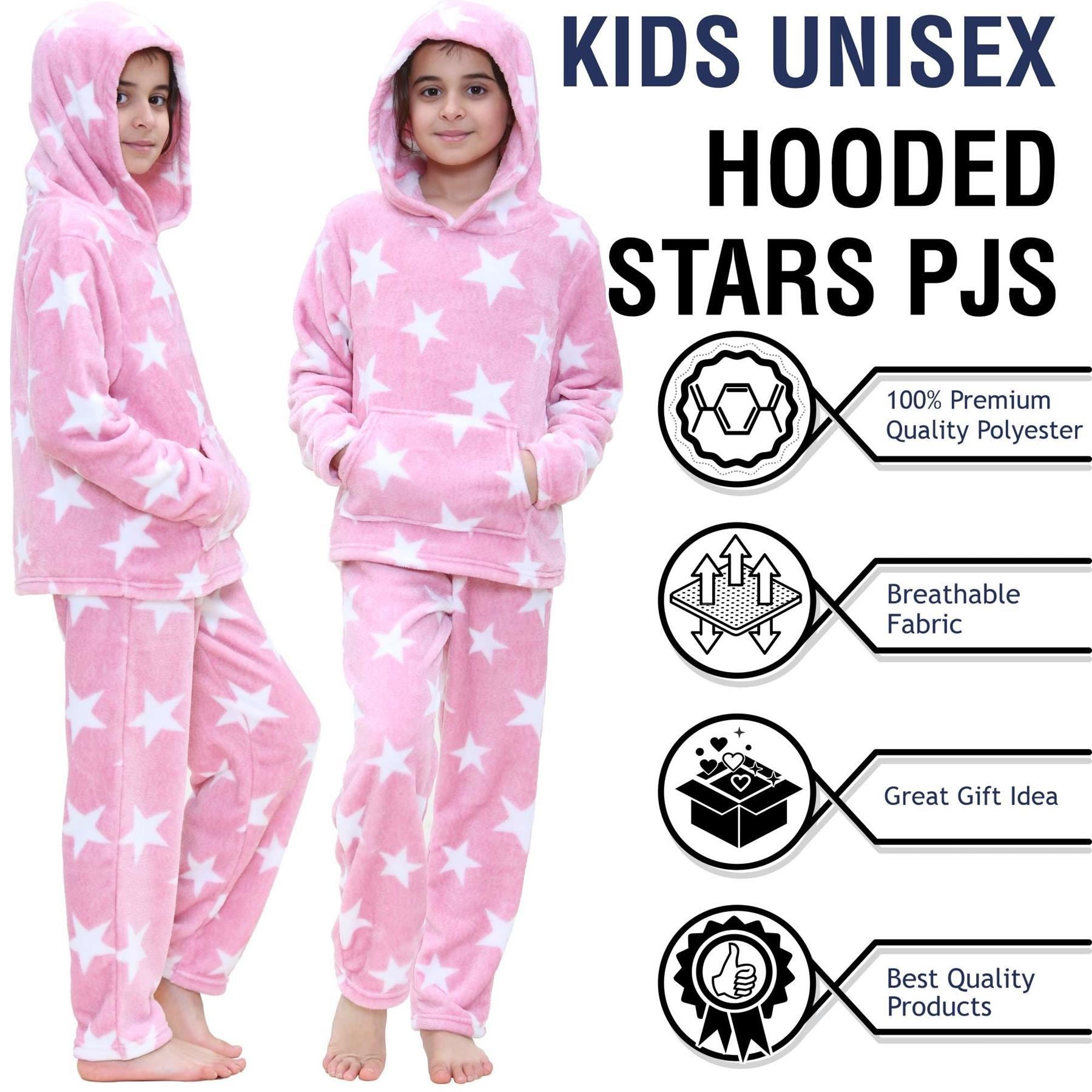 Kids Girls Stars Print Pink Pyjama Extra Soft Flannel Fleece Hooded PJS Set