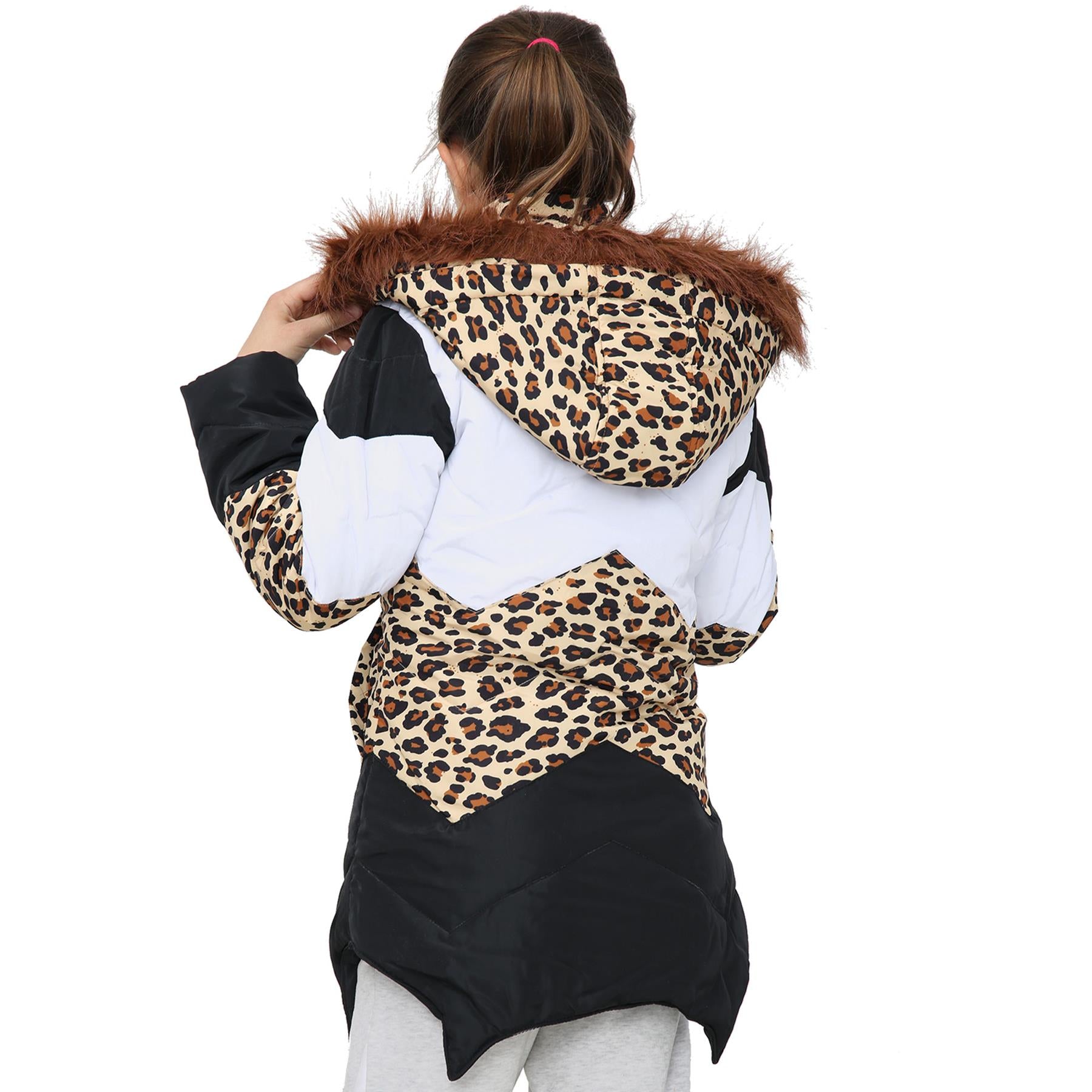 Kids Hooded Leopard Puffer Coat Faux Fur Jacket Contrast Panel - Kids Clothing Store