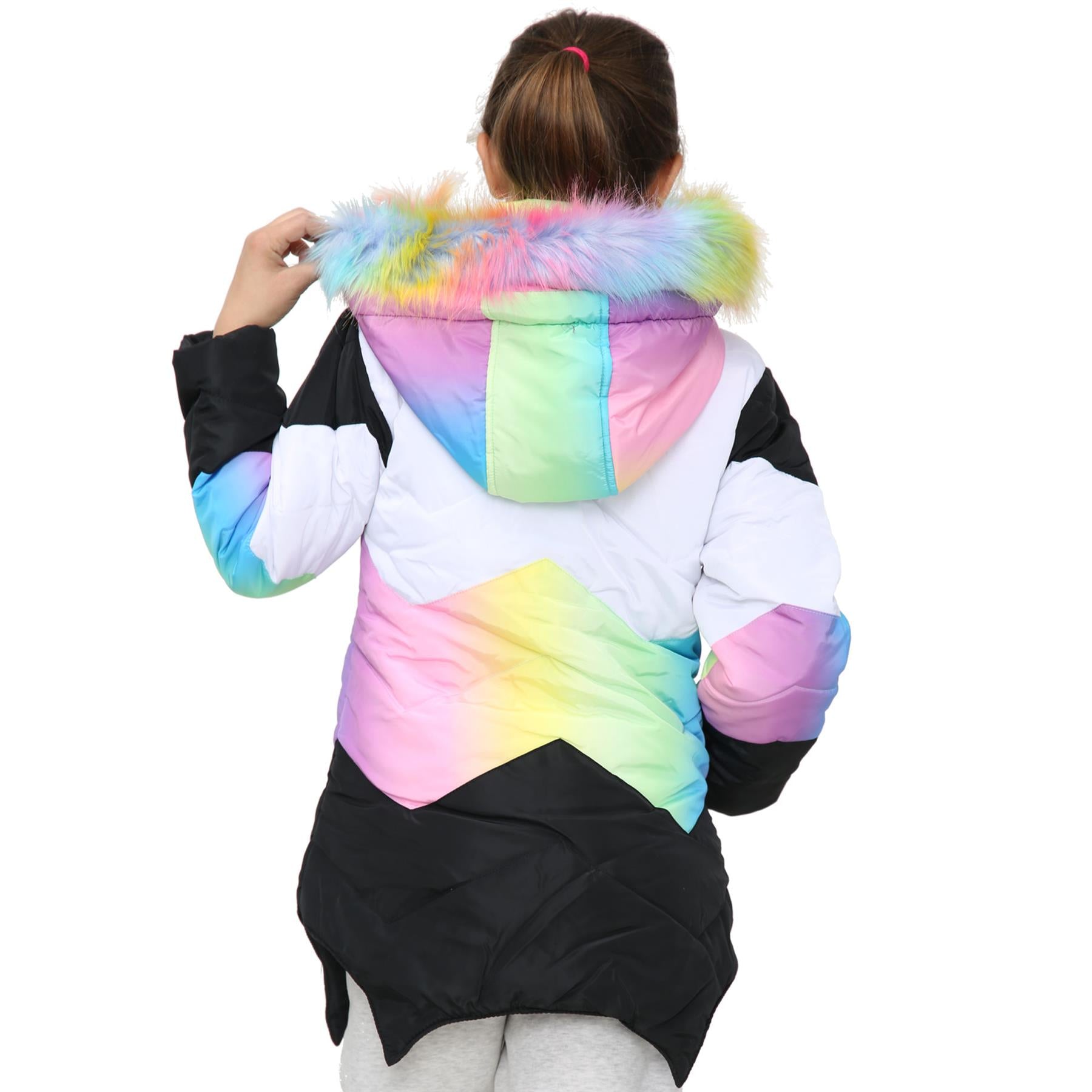 Kids Hooded Rainbow Puffer Coat Faux Fur Jacket Contrast Panel - Kids Clothing Store