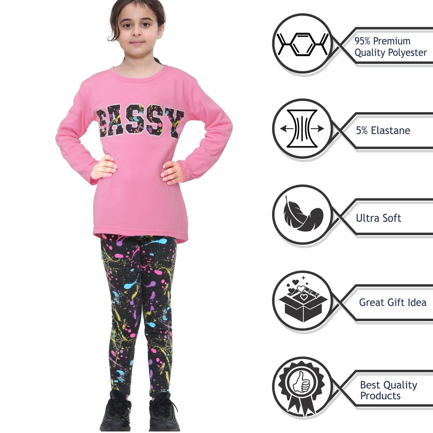 Girls Sassy Print Baby Pink Long Sleeves T Shirt Top & Legging Set