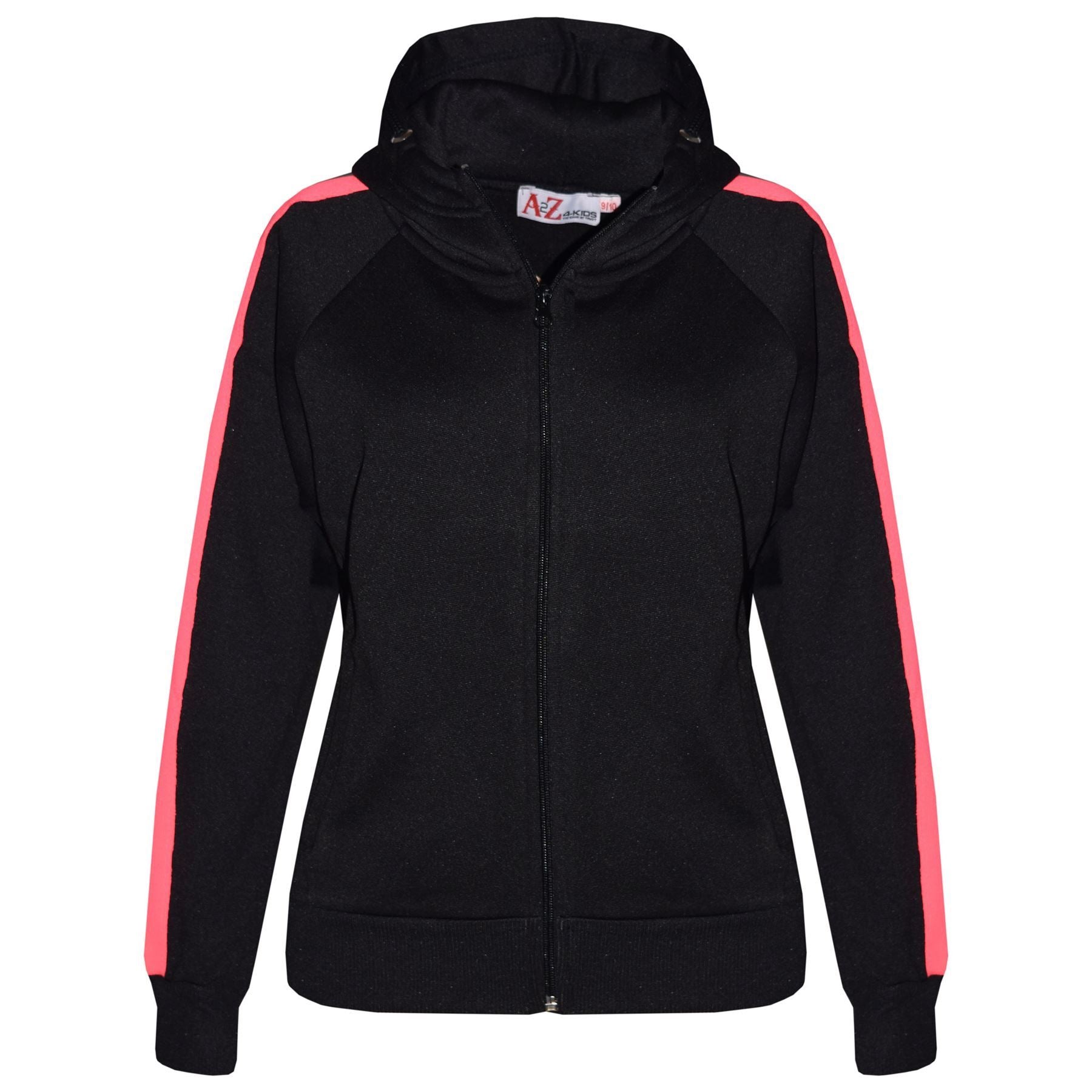 Girls Black & N.Pink Jogging Plain Fleece Hooded Tracksuit