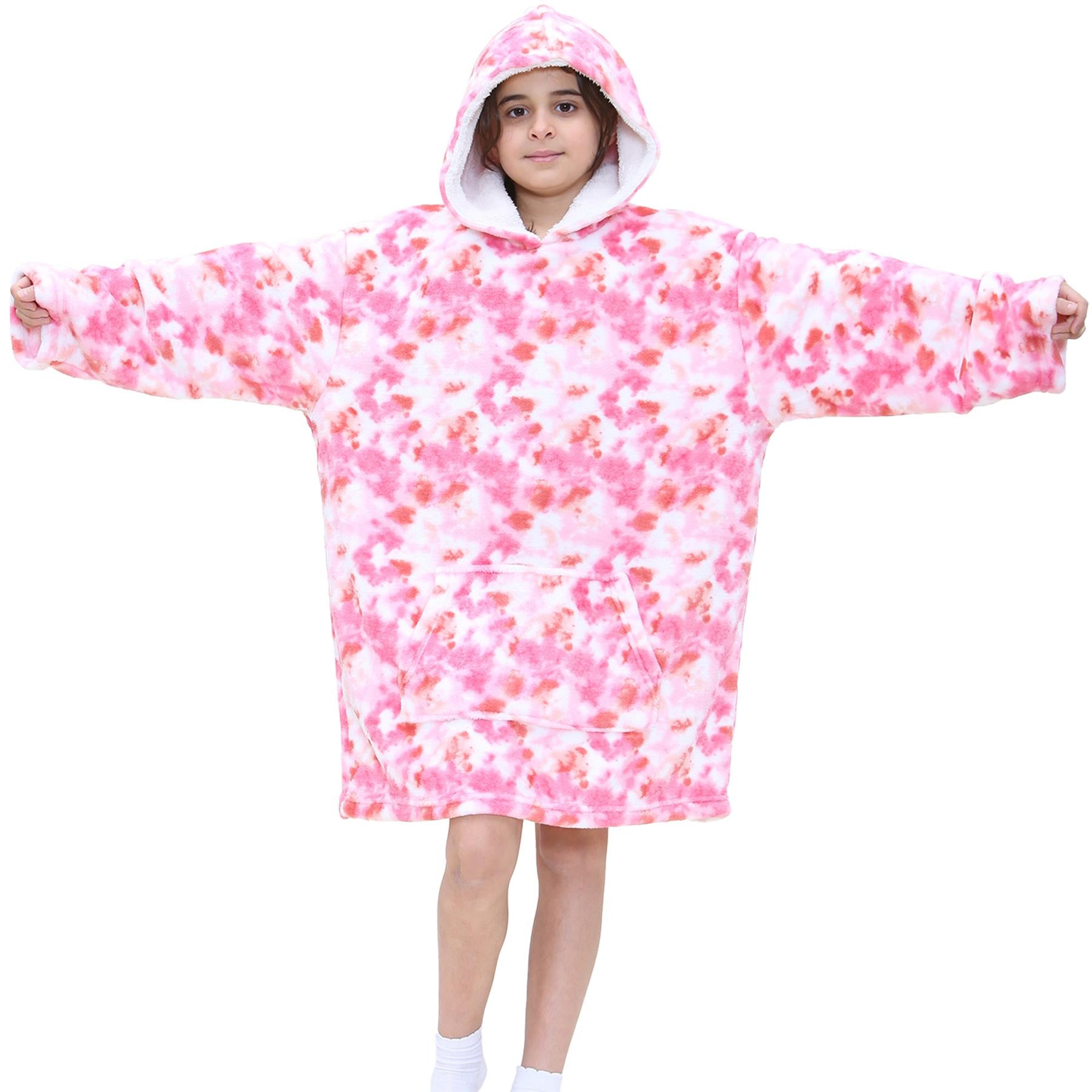 Kids Unisex Oversized Hoodie Snuggle Tie Dye Pink Printed Fleece Blanket