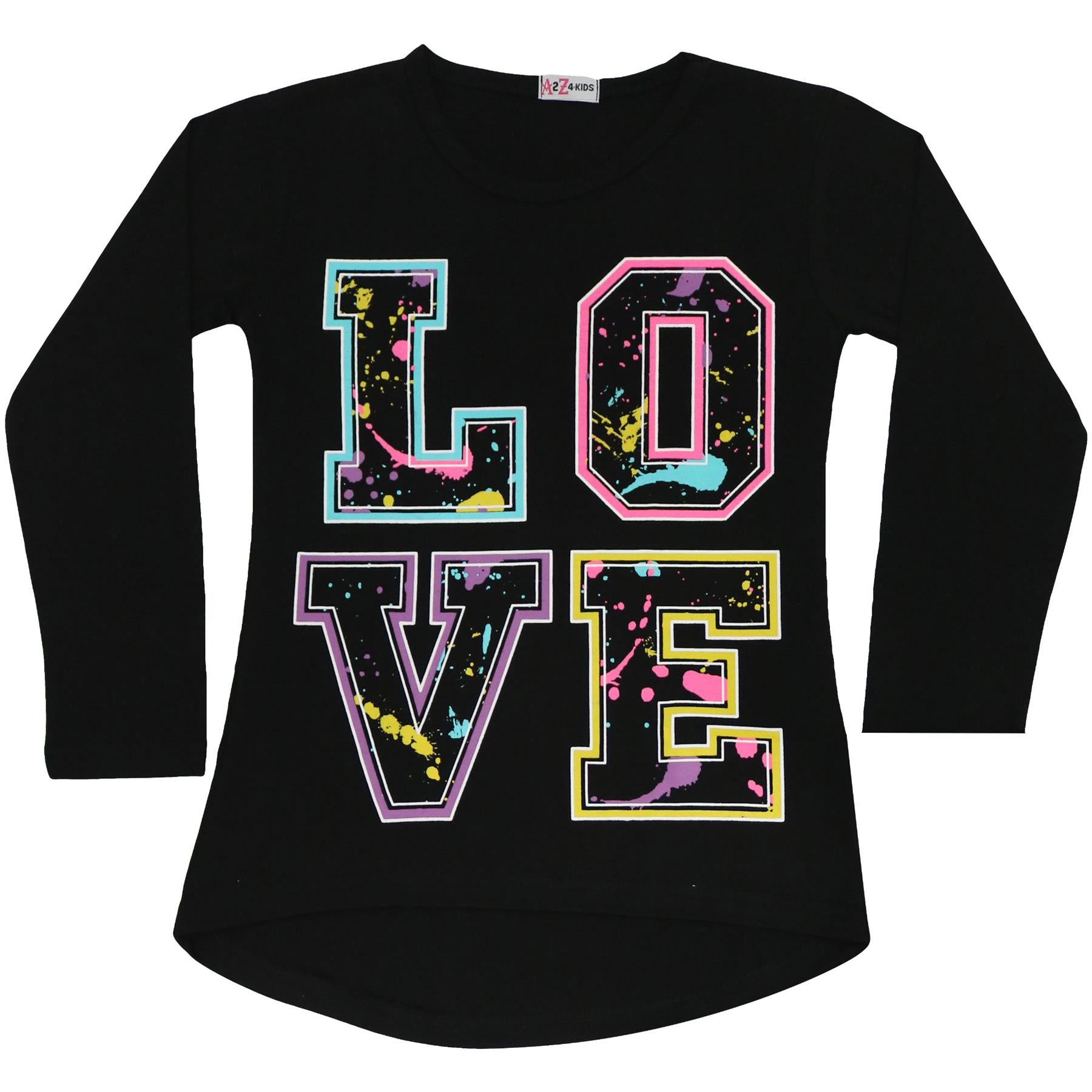 Girls Love Print Black Long Sleeves T Shirt Top & Splash Legging Set