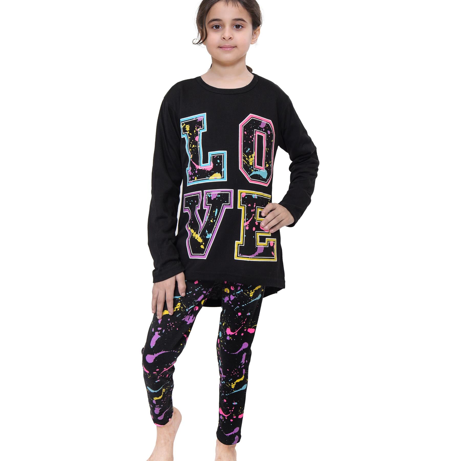 Girls Love Print Black Long Sleeves T Shirt Top & Splash Legging Set