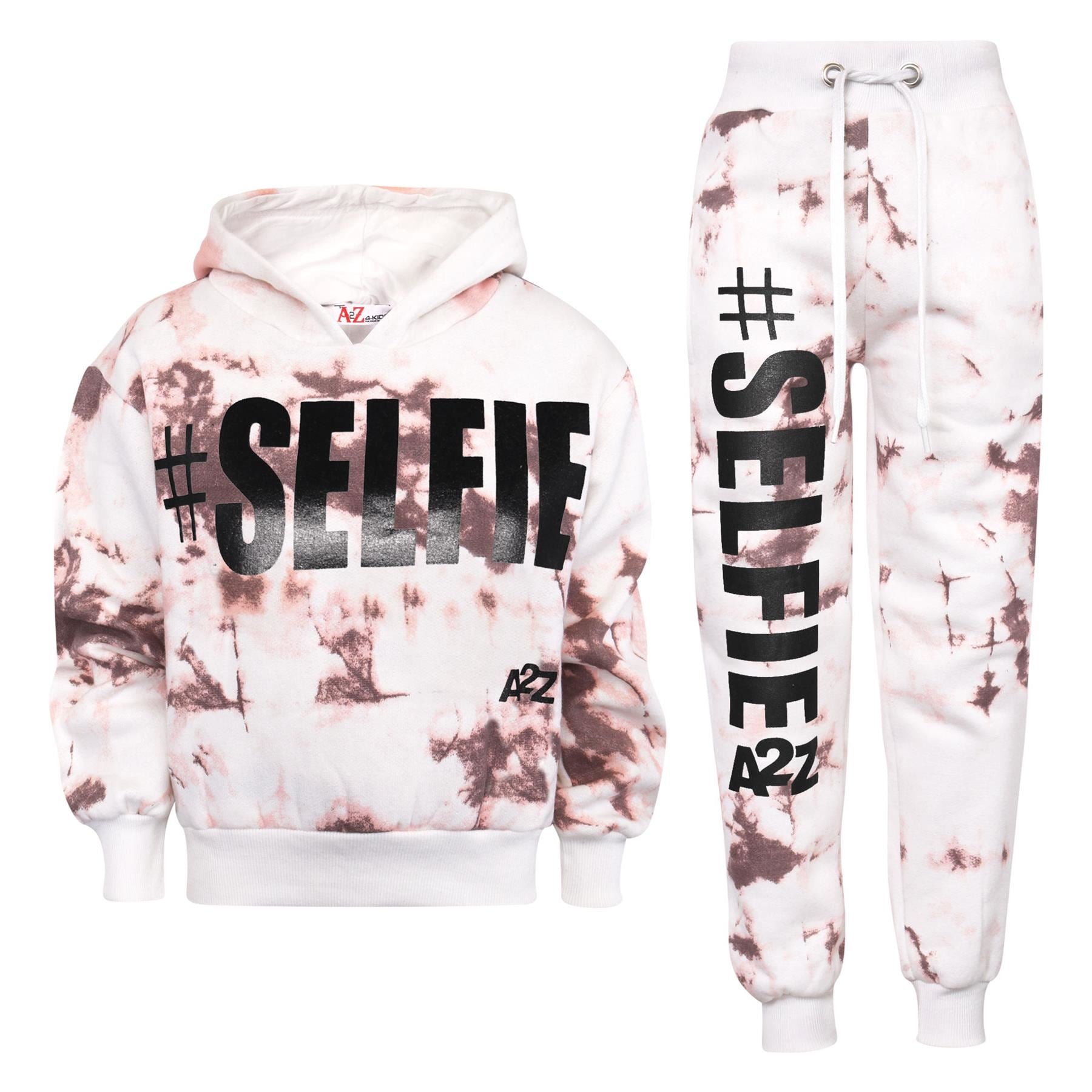 Kids Girls #Selfie Printed Hooded Crop Top & Bottom Jogging Suit