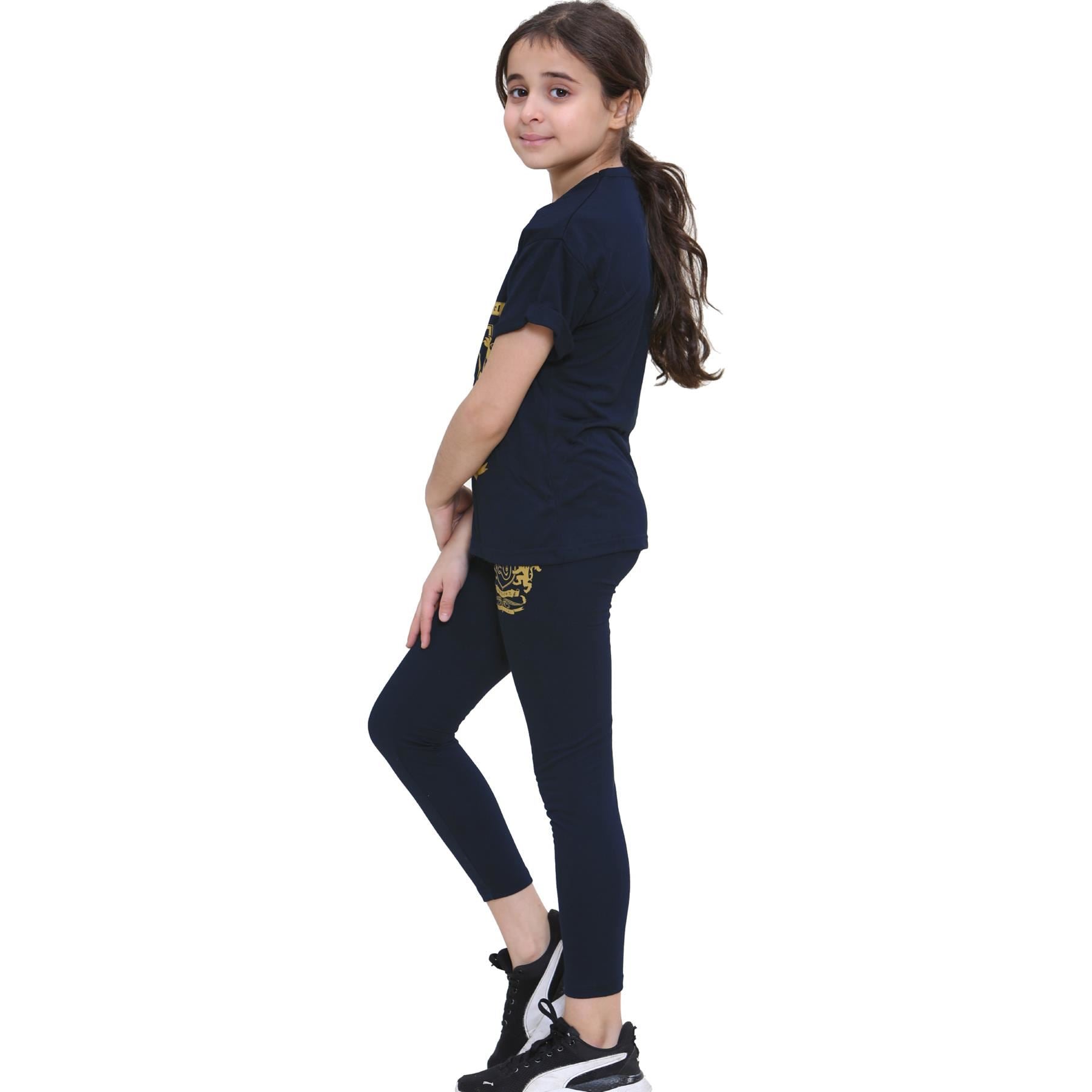 Kids Girls Varsity Lion Print T Shirt Top & Legging Set