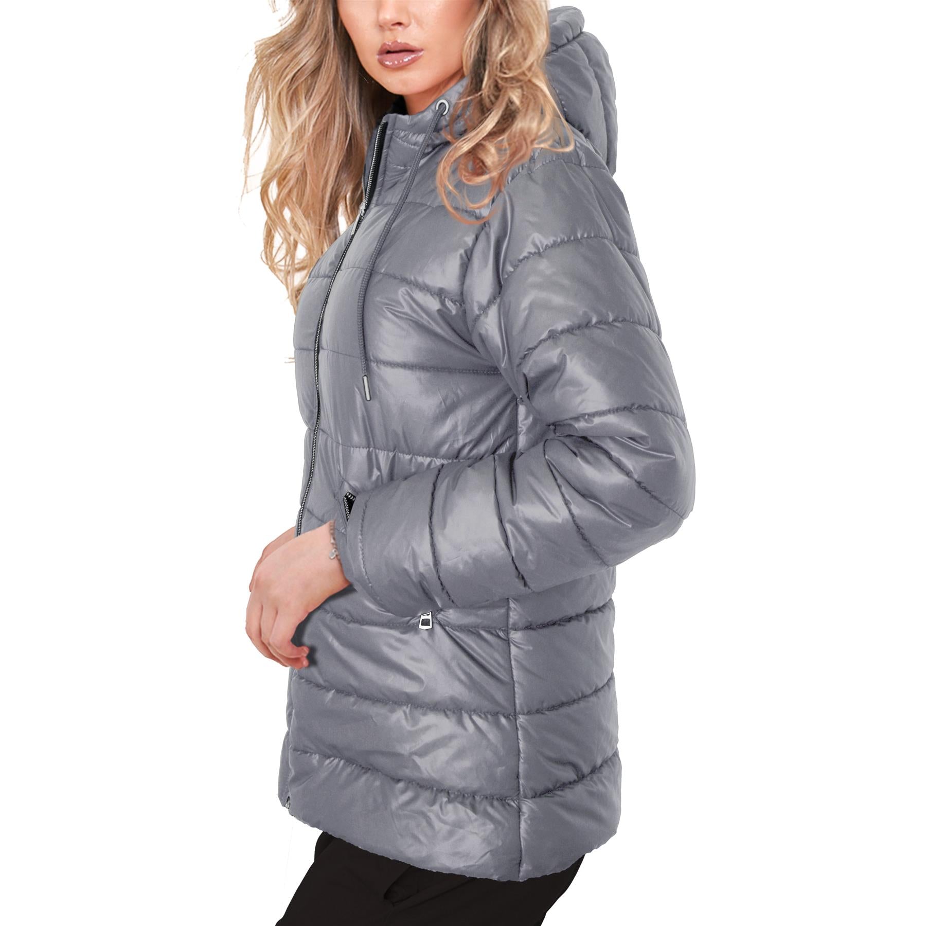 A2Z Ladies Zipped Pockets Hooded Long Sleeves Steel Grey Padded Puffer Jacket